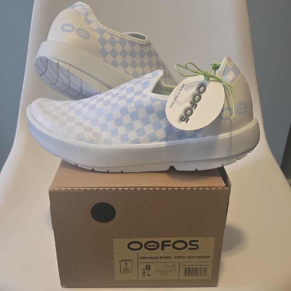 OOFOS Woman's Checkered Slip-On Sneakers - White and Light Blue